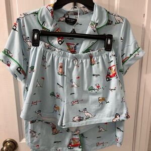 Kate Spade Light Blue Short Sleeve Pajama Set with a Scottie Dog Golf Print